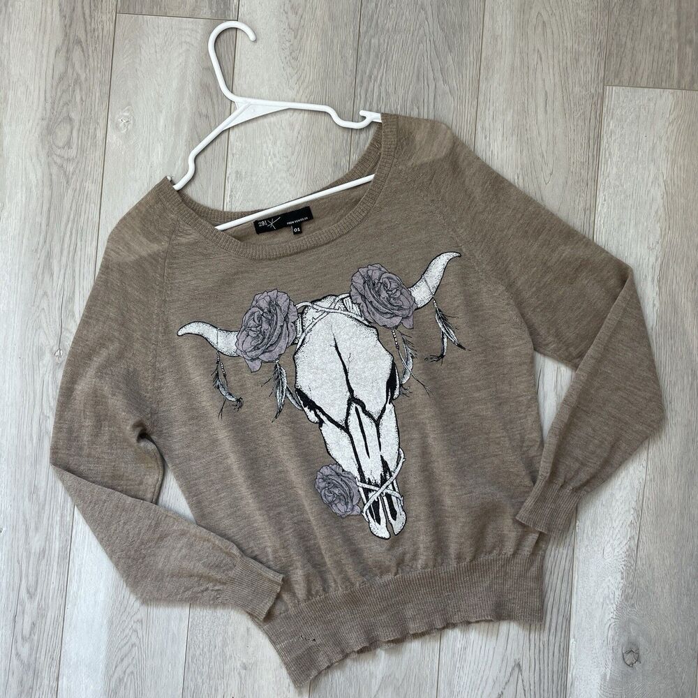 291 Venice Sweater cashmere bull horn knit womens Beige small boho chic western